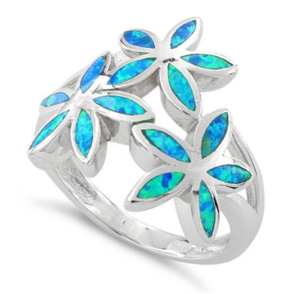 925 STERLING SILVER Lab Created Blue Fire Opal Hawaiian Plumeria Ring - Picture 16 of 16